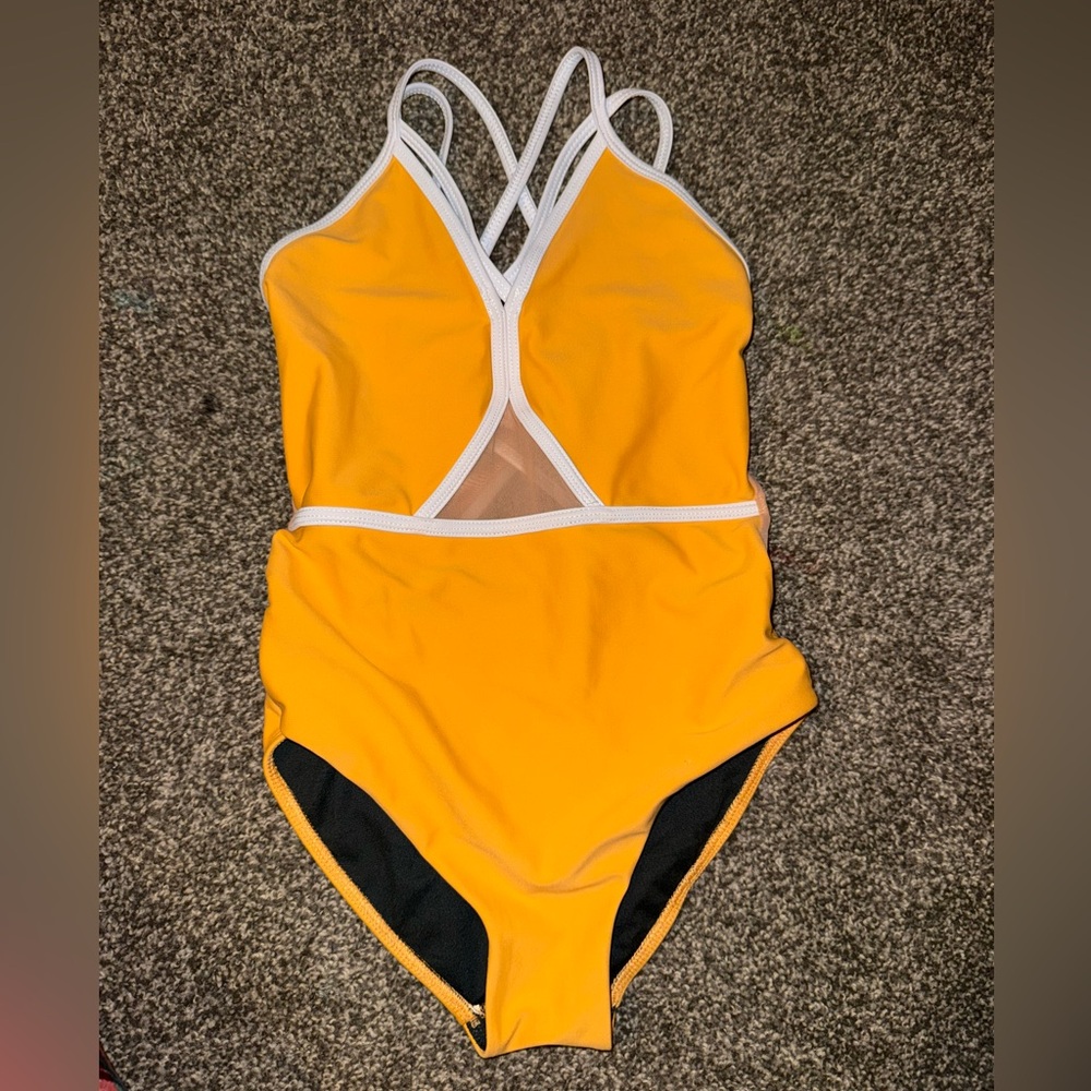 Five Dancewear Bright Orange and White Strappy Mesh Leotard